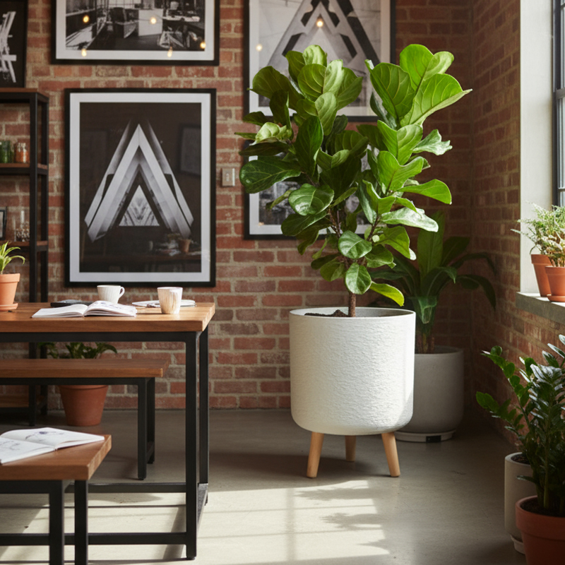 多用途の石膏風円筒形プランター（木製脚付き）