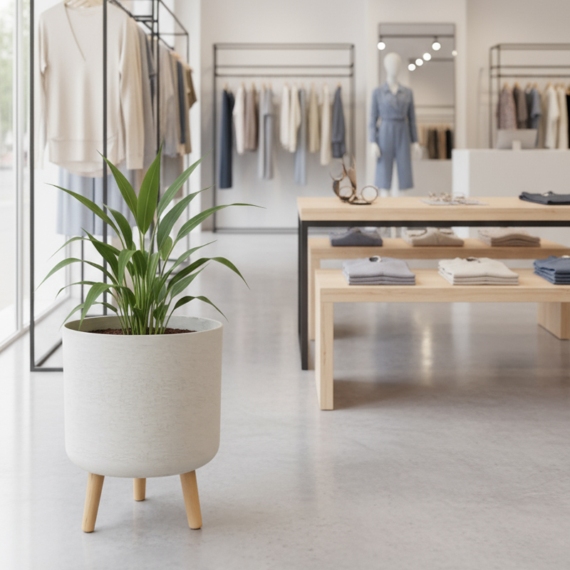 多用途の石膏風円筒形プランター（木製脚付き）