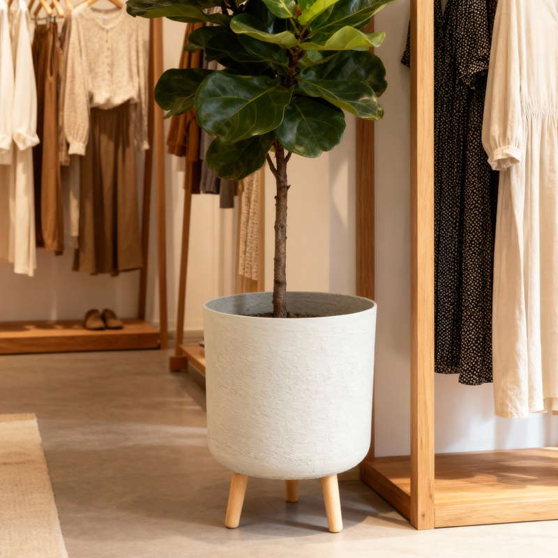 多用途の石膏風円筒形プランター（木製脚付き）